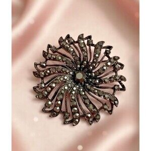 Vintage Rhinestone Swirl Brooch Silver Tone 2” Statement Pin